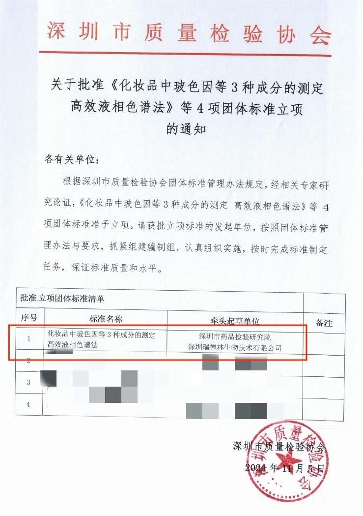 瑞德林联合深圳药检院制定化妆品中玻色因等3种成分测定团标
